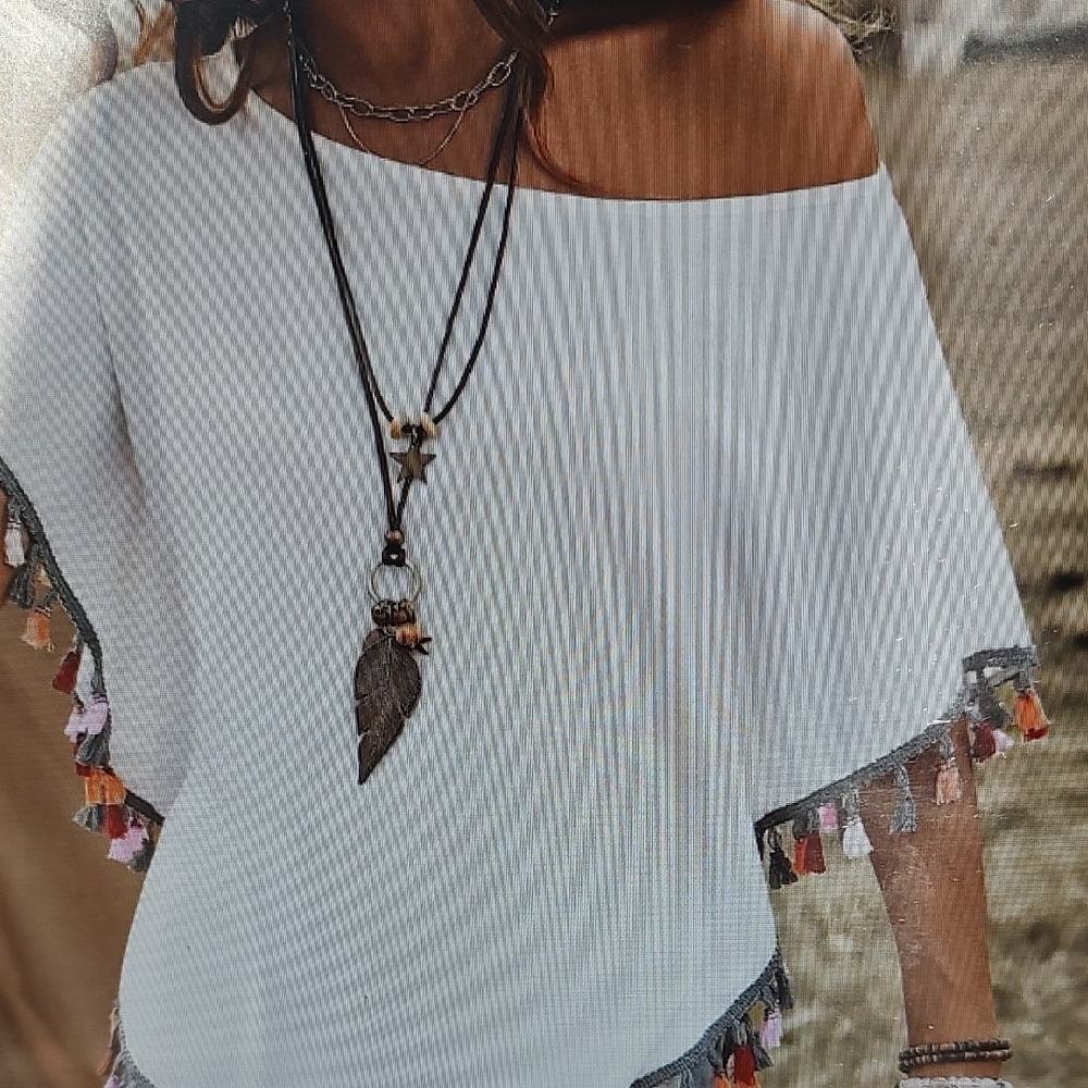 NWT Off-Shoulder Top with Colorful Tassels